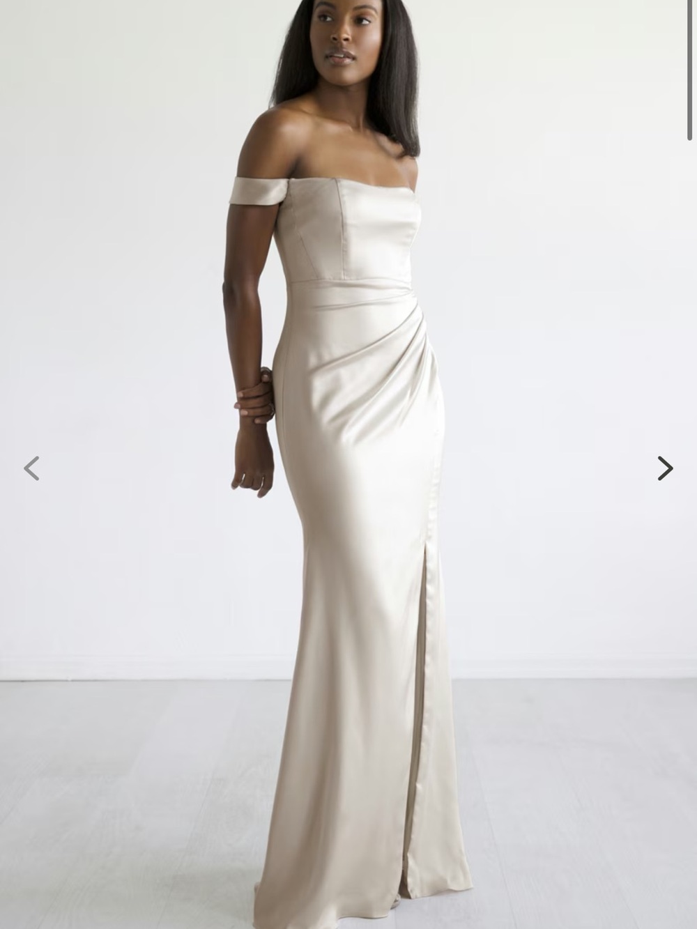 Watters Satin Off-Shoulder Champagne Bridal Gown